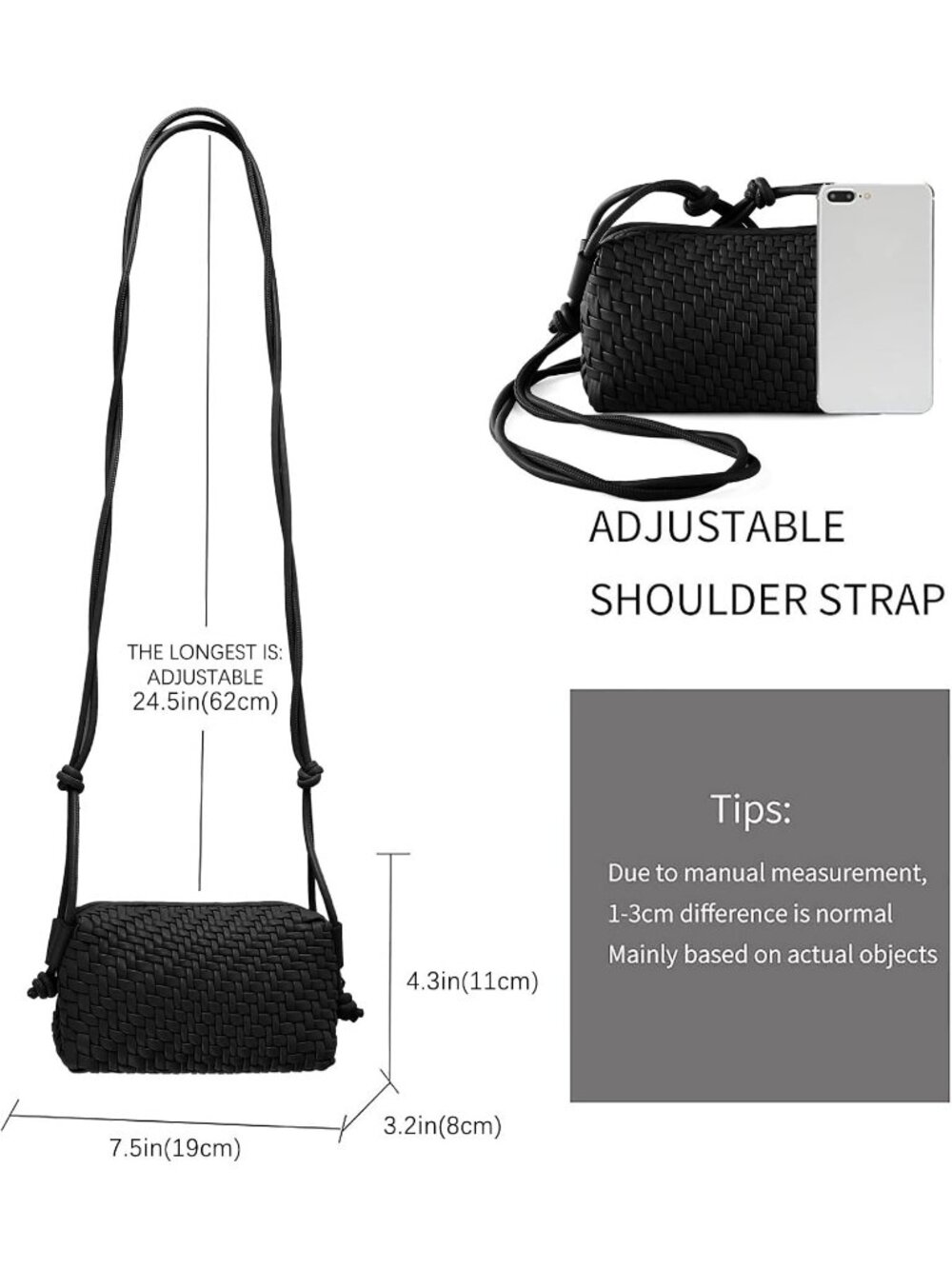 Women's Black Small Woven Vegan Leather Zipper Imported Crossbody Bag - Picture 3 of 6